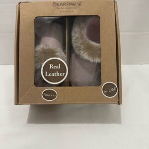 BearPaw Baby Girl Pink and Tan Faux Fur Slippers Warm Winter
